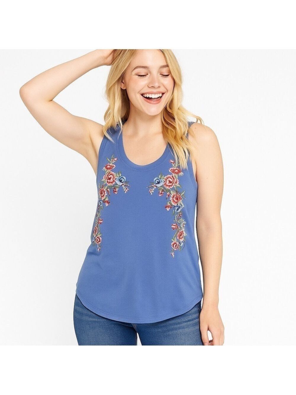 RUE21 Gray/Blue Tank Top with Floral Embroidery Trim Size M